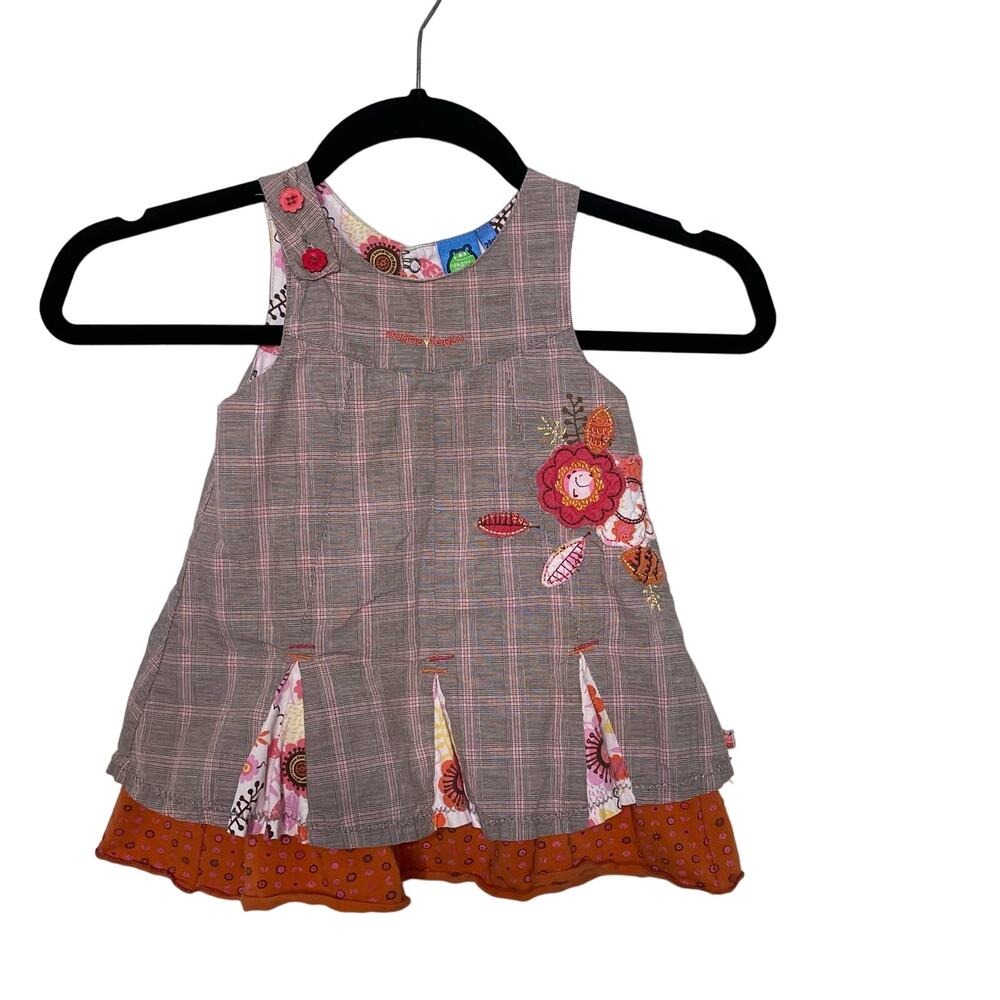 Gagou Tagou‎ Plaid Dress Jumper Sleeveless Embroidered Floral Brown 24M Cottage